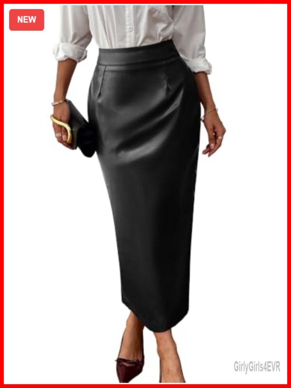 Faux Leather Pencil Midi Skirt with Pockets Stretch Office
